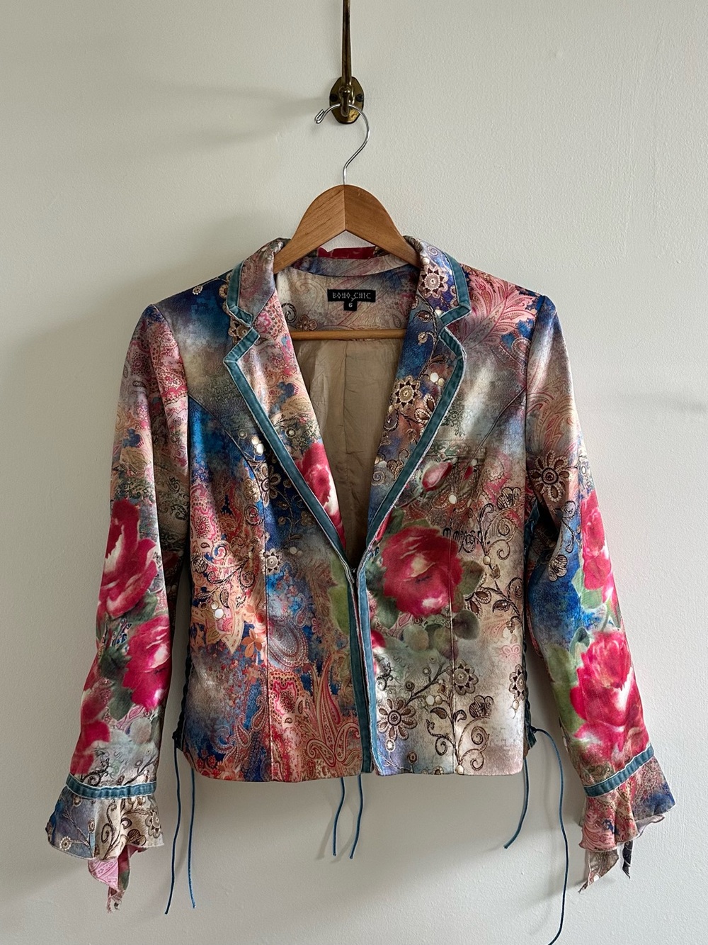 Boho Chic silky blazer with floral print and suede tie sides- 6